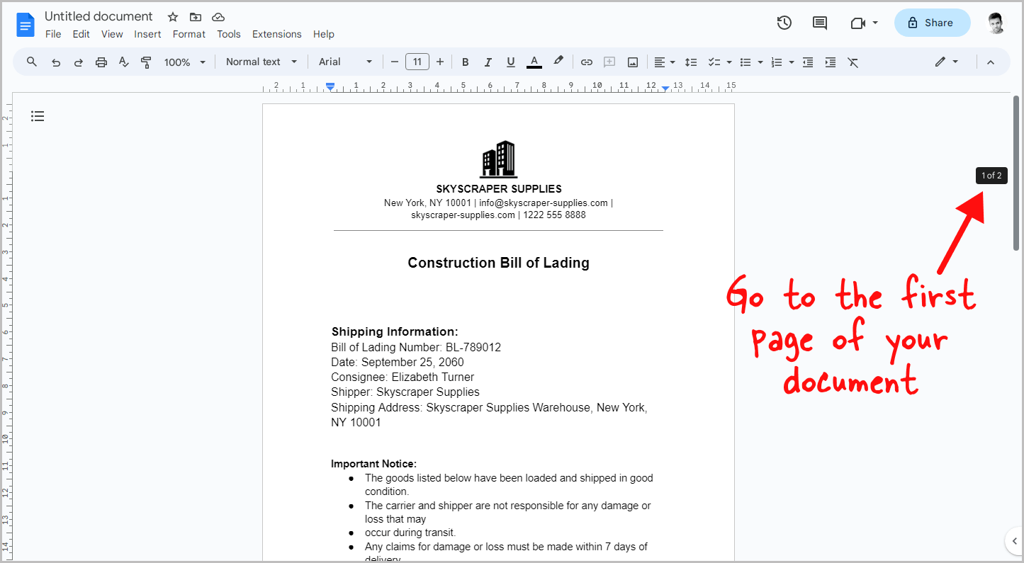 How to Put Header Only on First Page in Google Docs Step-1