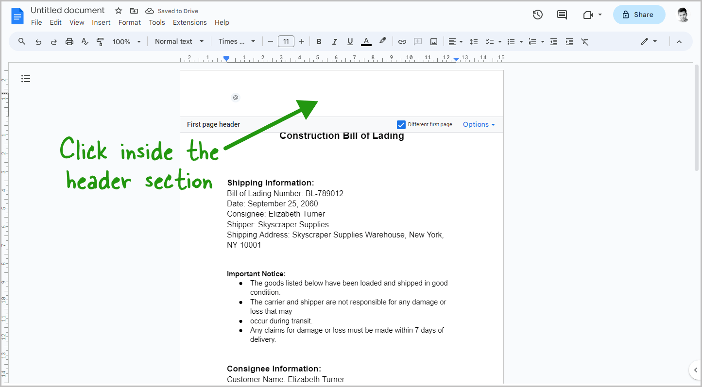 How to Put Header Only on First Page in Google Docs Step-6