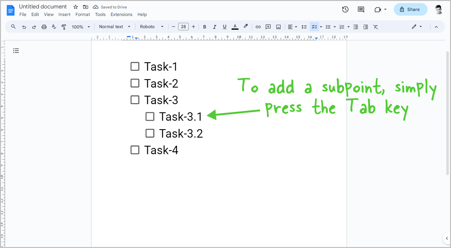 How to make a sub checklist in Google Docs