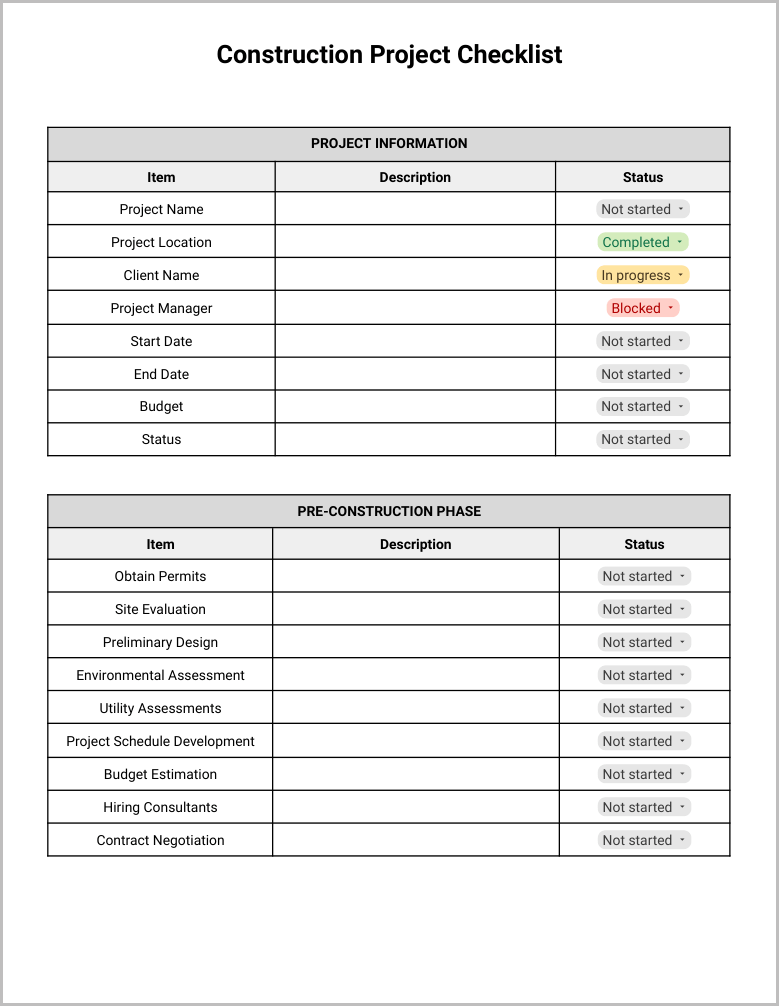 Free Construction Project Checklist Template for Google Docs