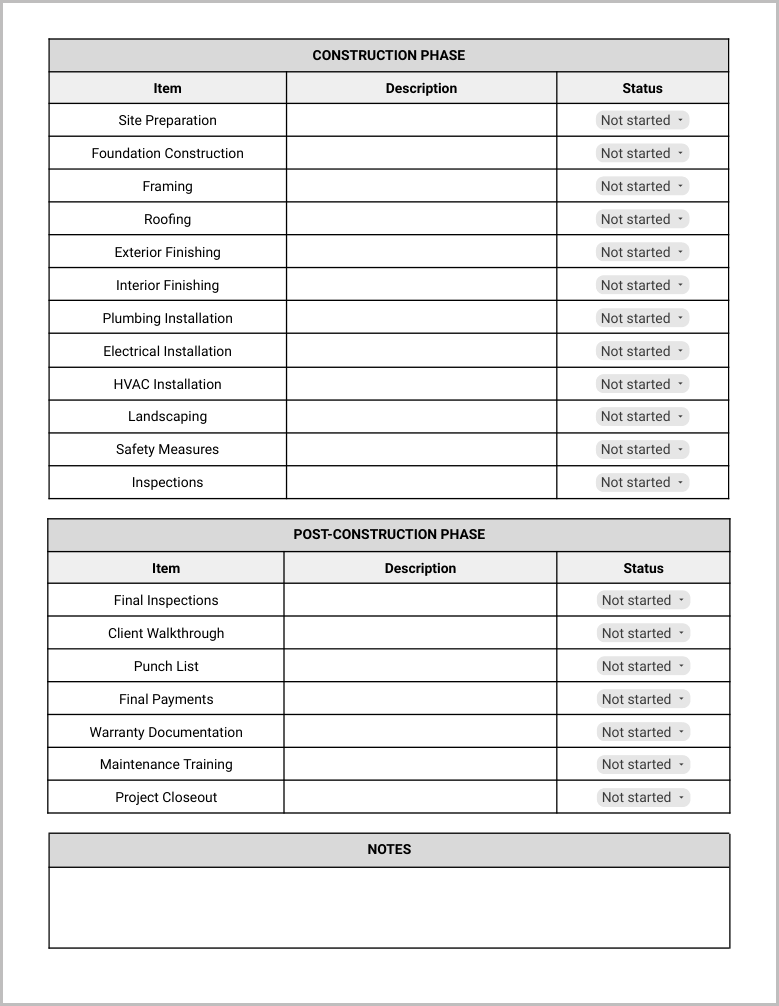 Free Construction Project Checklist Template for Google Docs