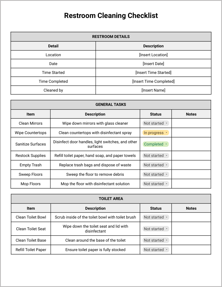 Free Restroom Cleaning Checklist Template for Google Docs