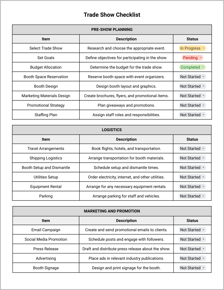 Free Trade Show Checklist Template for Google Docs