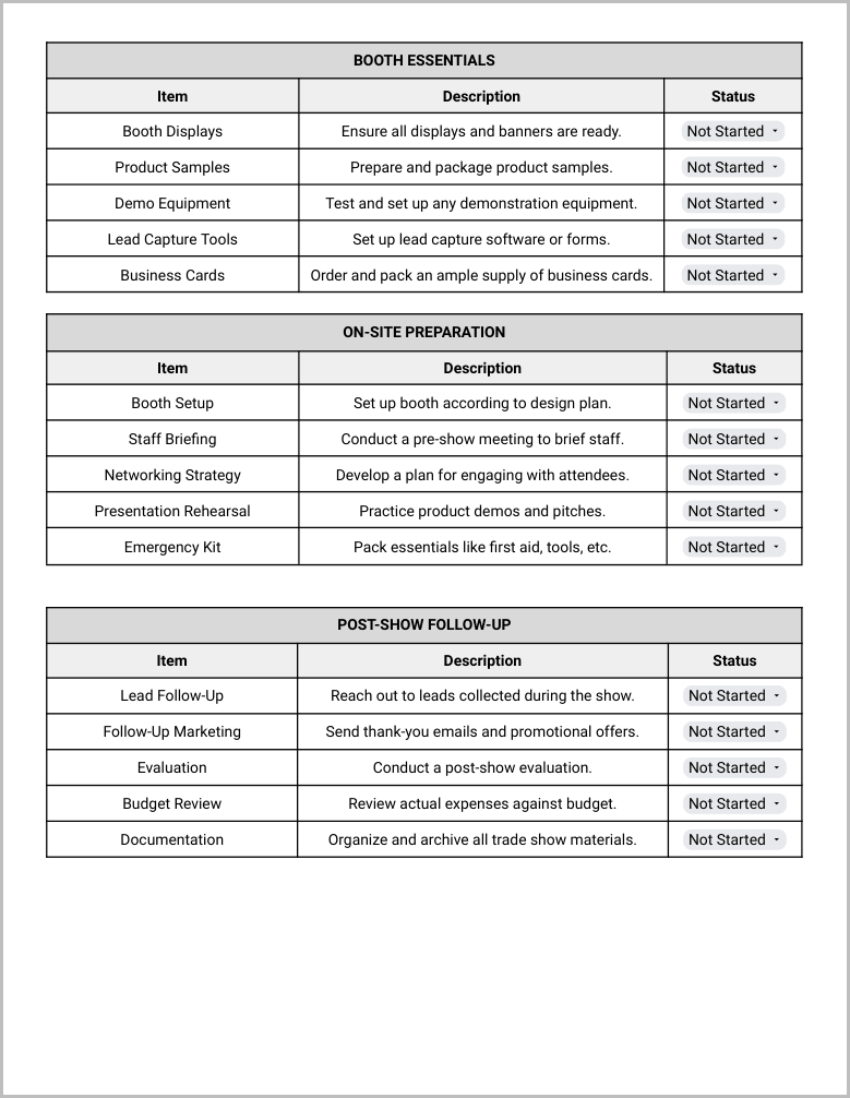 Free Trade Show Checklist Template for Google Docs