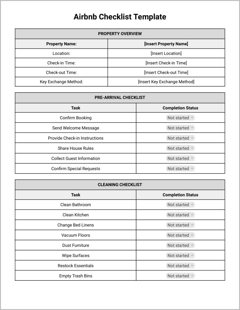 Free Airbnb Checklist Template for Google Docs