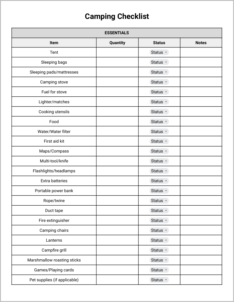 Free Camping Checklist Template for Google Docs