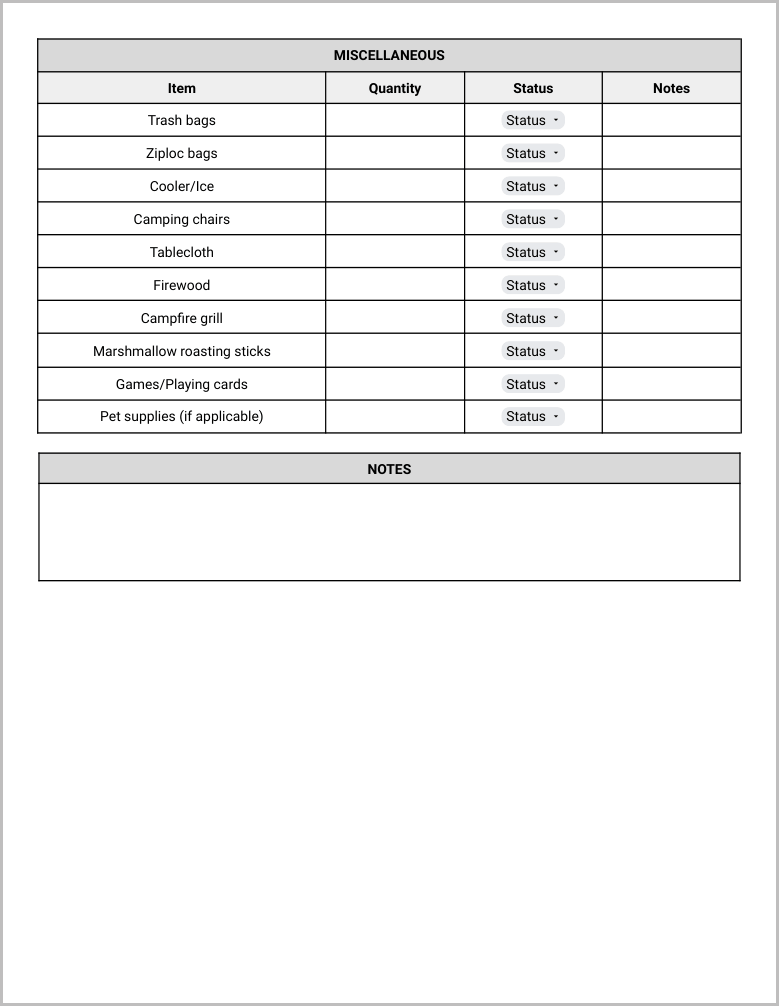 Free Camping Checklist Template for Google Docs