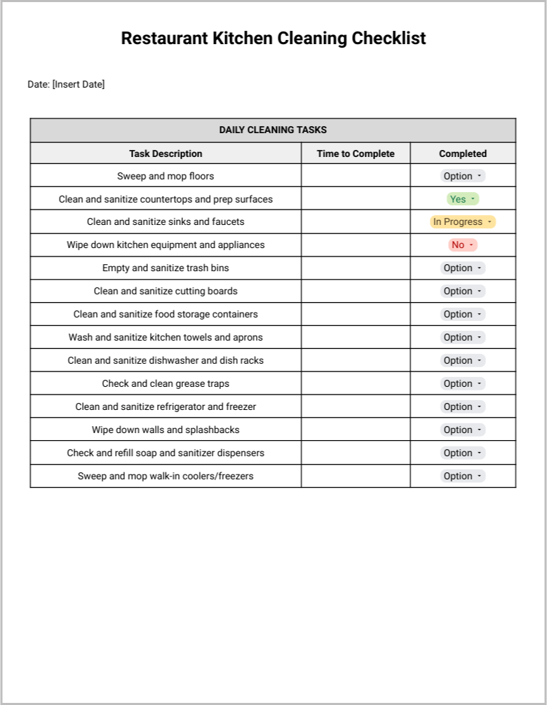 Free Restaurant Kitchen Cleaning Checklist Template for Google Docs