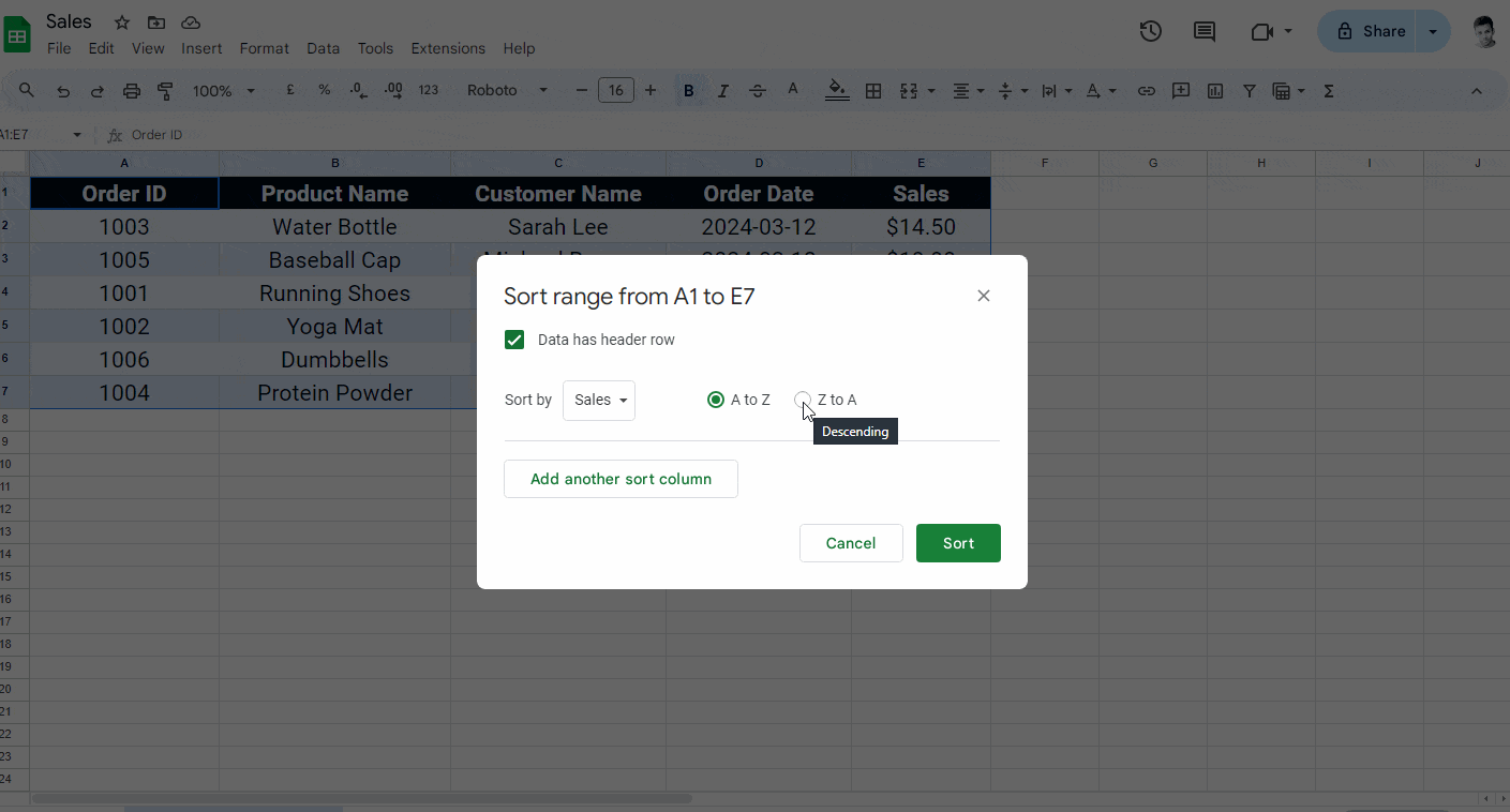 How to Sort in Google Sheets and Keep Rows Together Method-1 Step-5