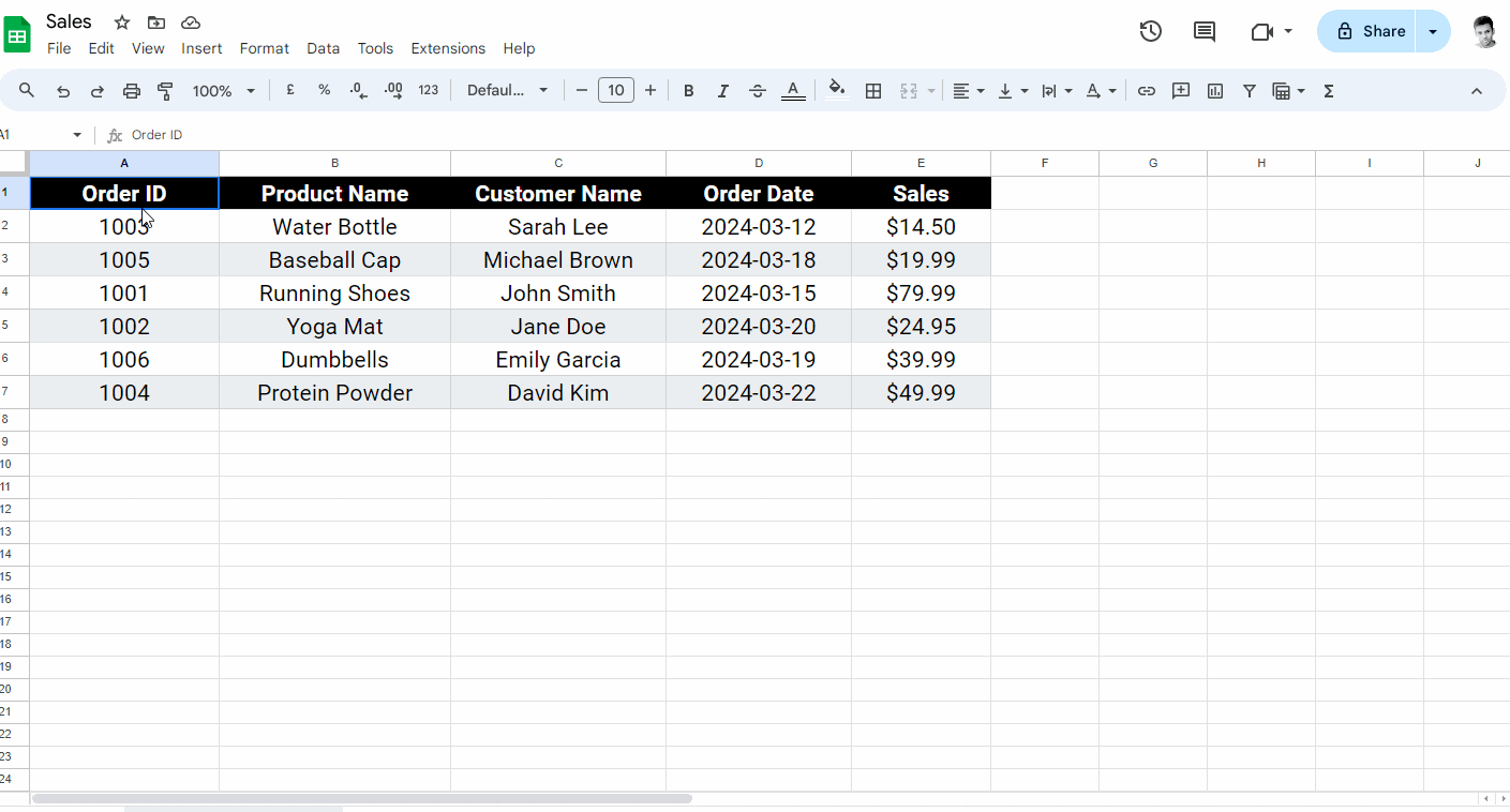 How to Sort in Google Sheets and Keep Rows Together Method-2 Step-1