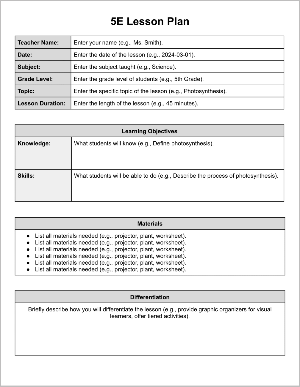 5E Lesson Plan Template