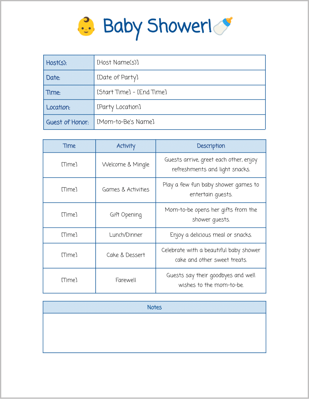 Baby Shower Itinerary Template