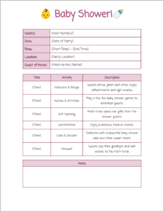 Baby Shower Itinerary Template