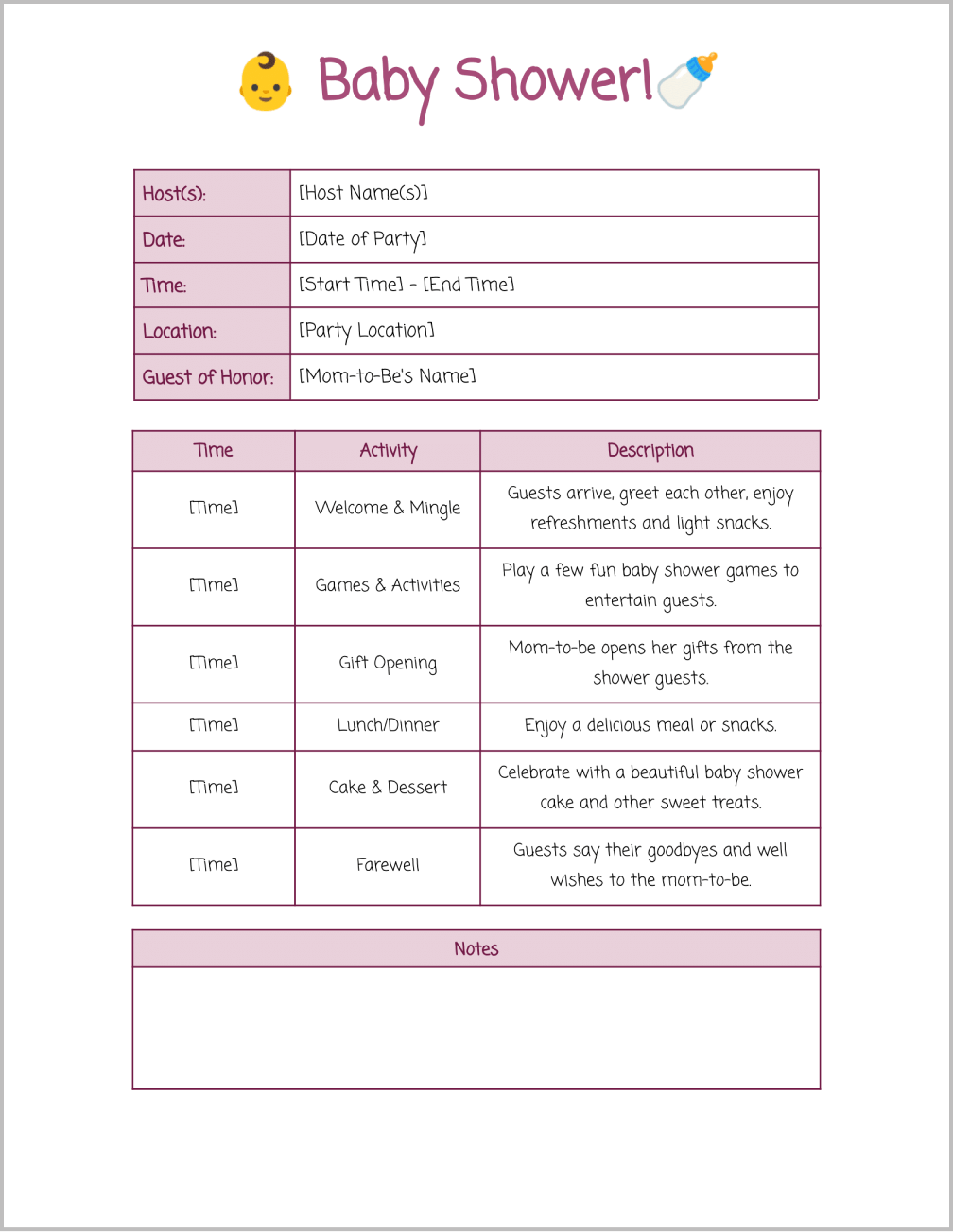 Baby Shower Itinerary Template