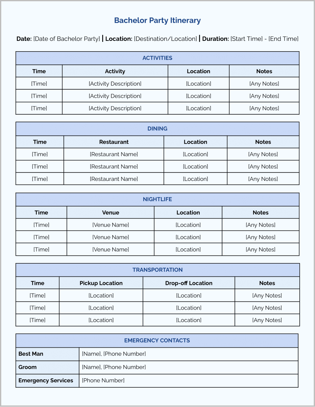 Bachelor Party Itinerary Template