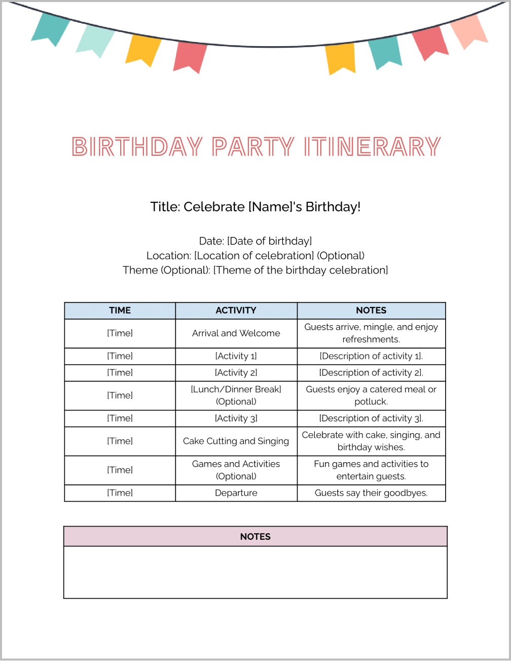 Birthday Party Itinerary Template