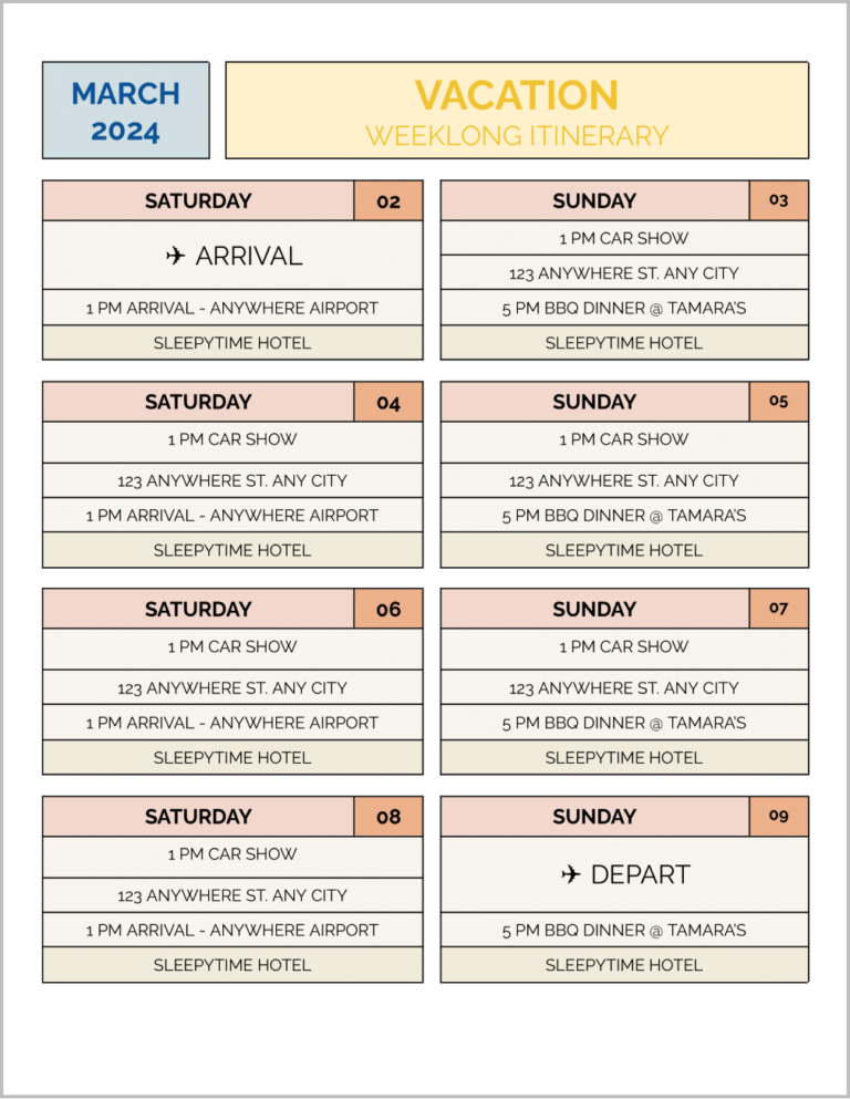 Free Cute Itinerary Template for Google Docs