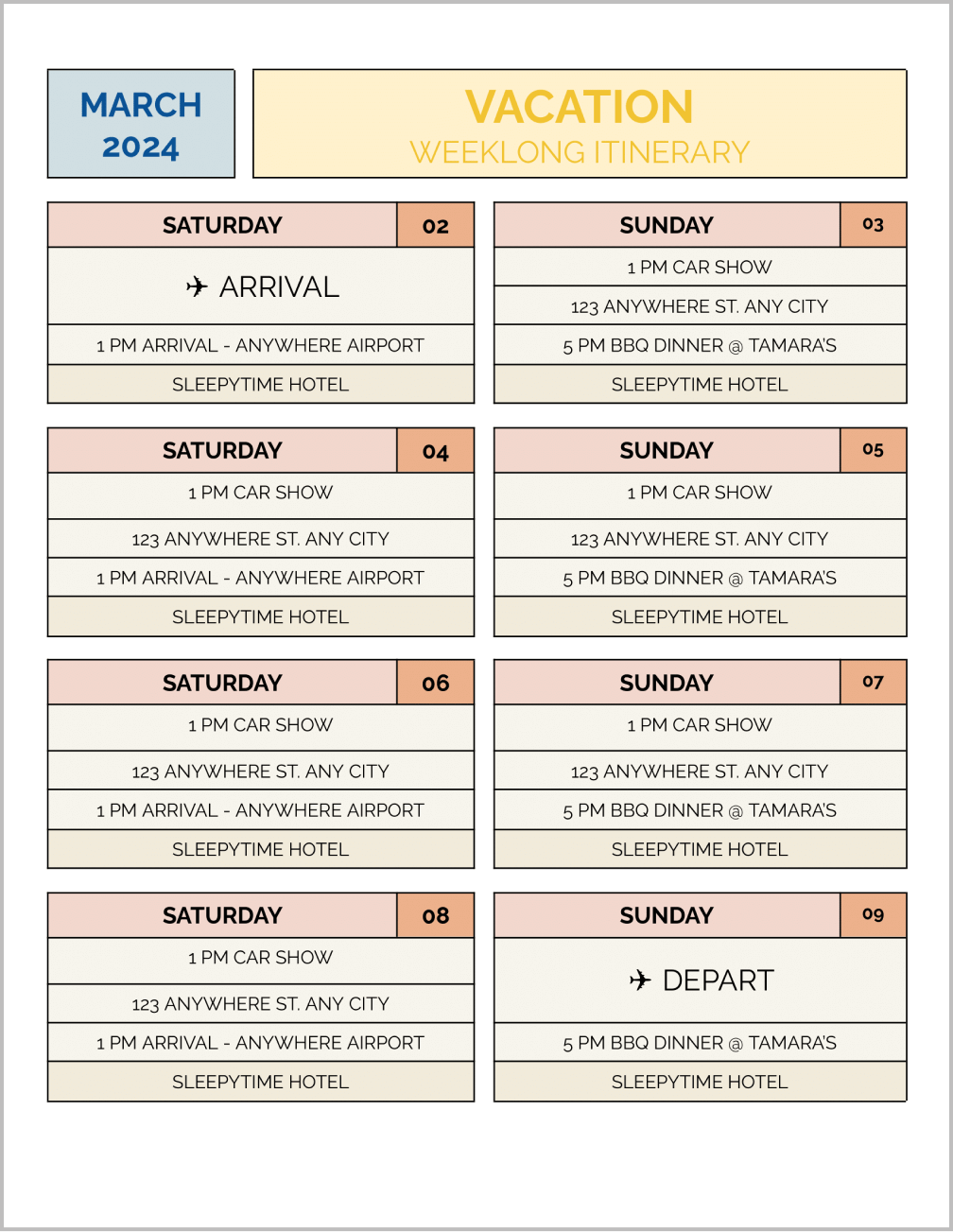 Cute Itinerary Template