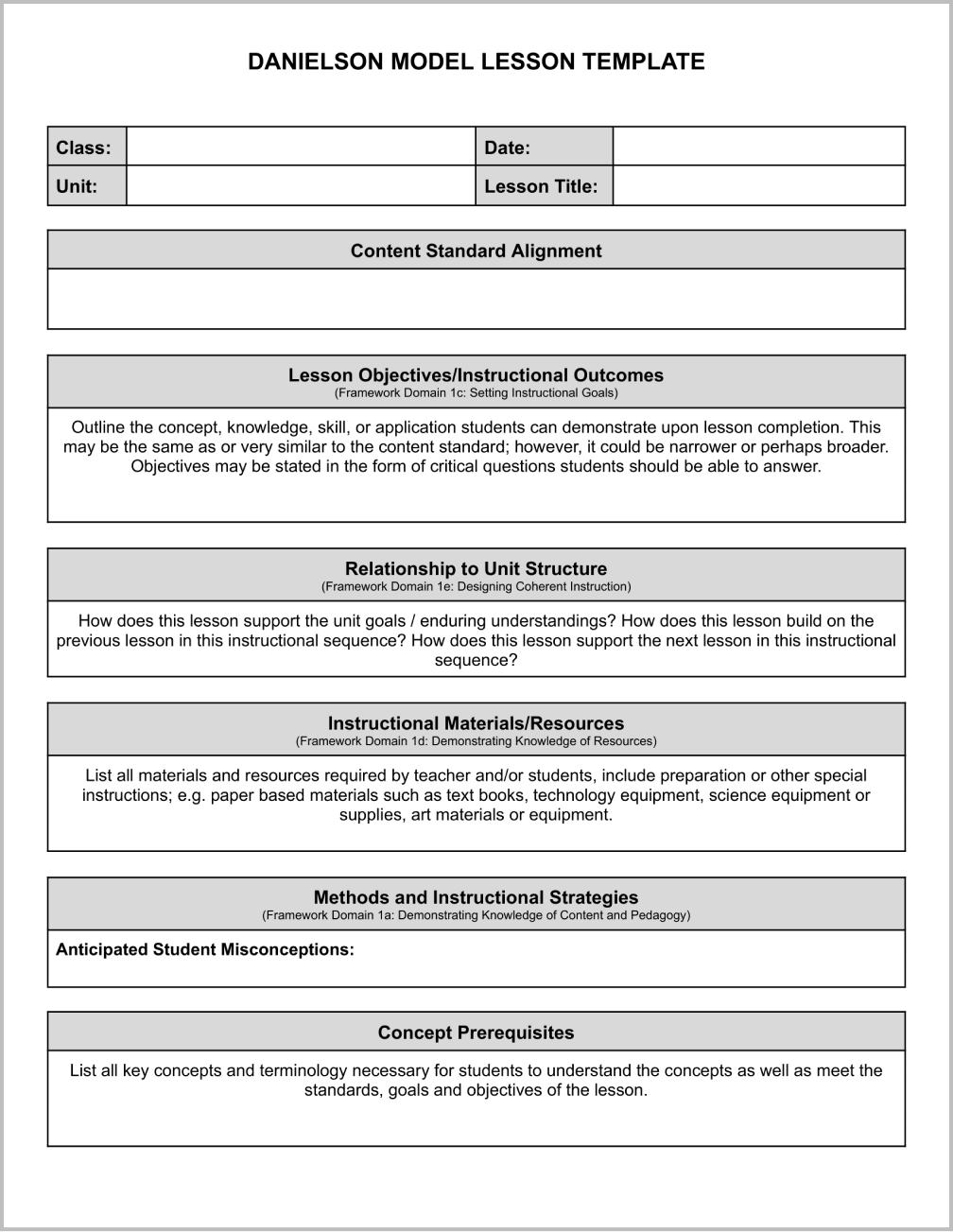 Danielson Lesson Plan Template