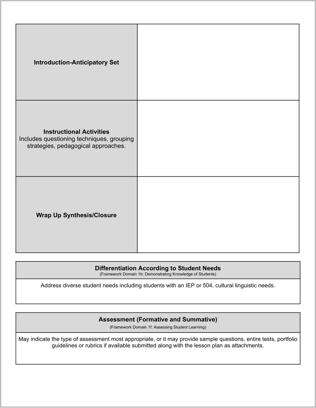 Danielson Lesson Plan Template