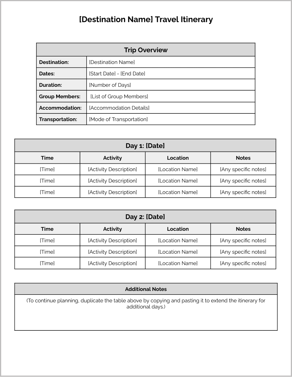 Day-by-Day Travel Itinerary Template