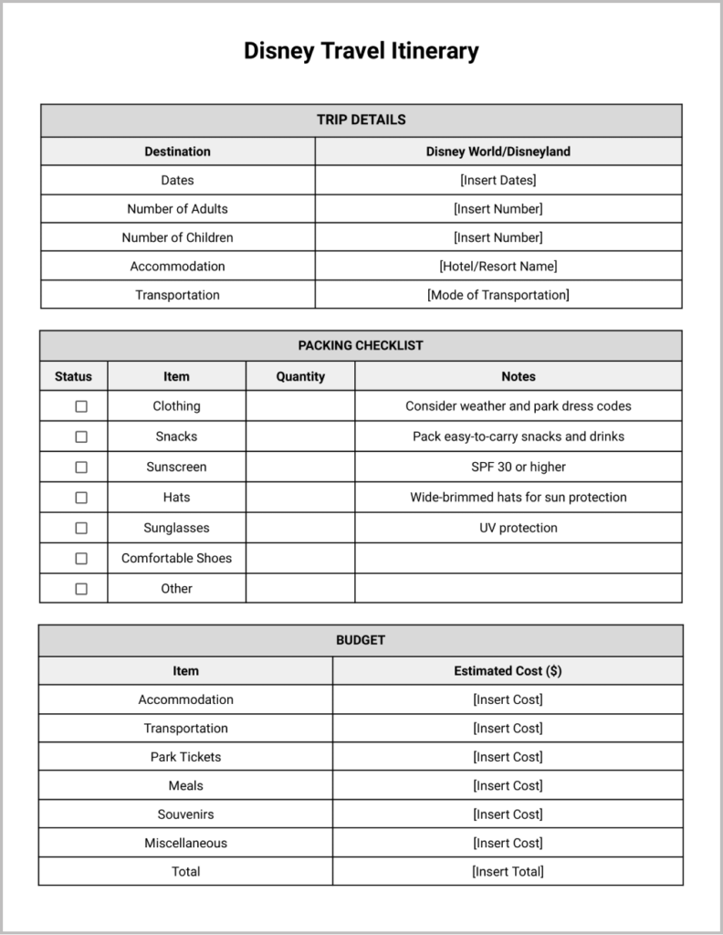 Free Disney Travel Itinerary Template for Google Docs