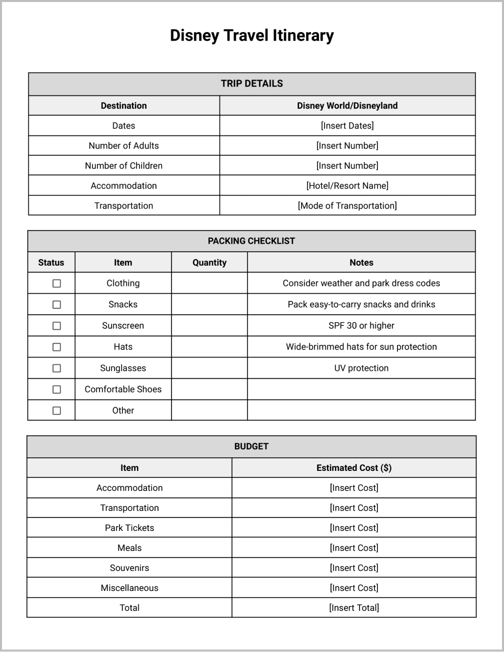 Disney Travel Itinerary Template