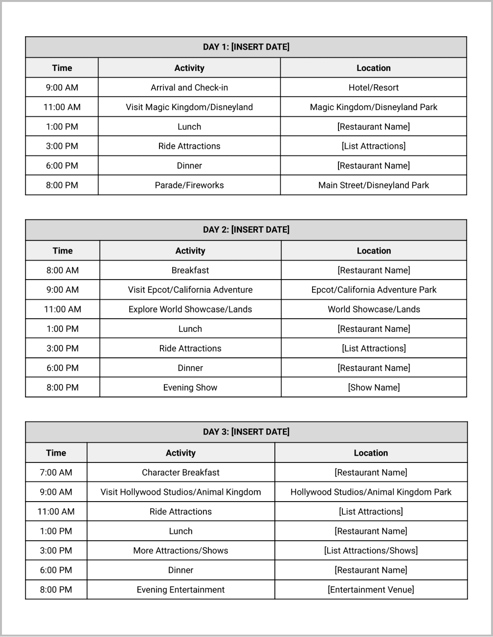 Disney Travel Itinerary Template