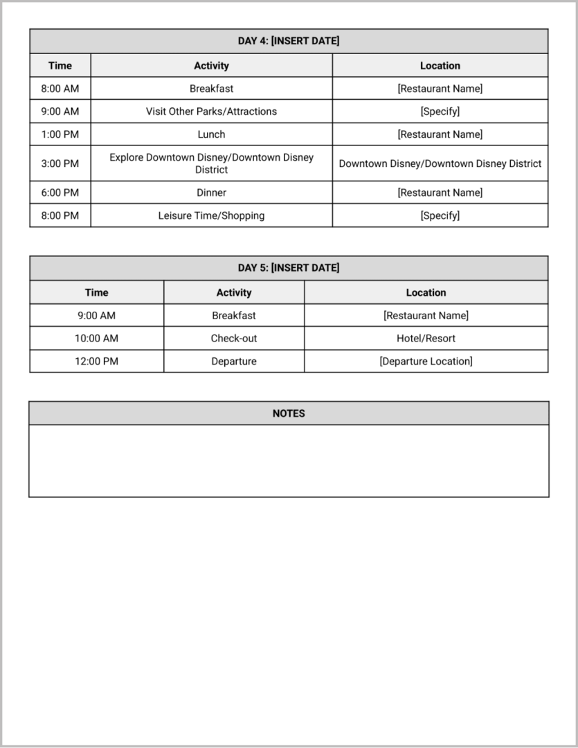 Free Disney Travel Itinerary Template for Google Docs