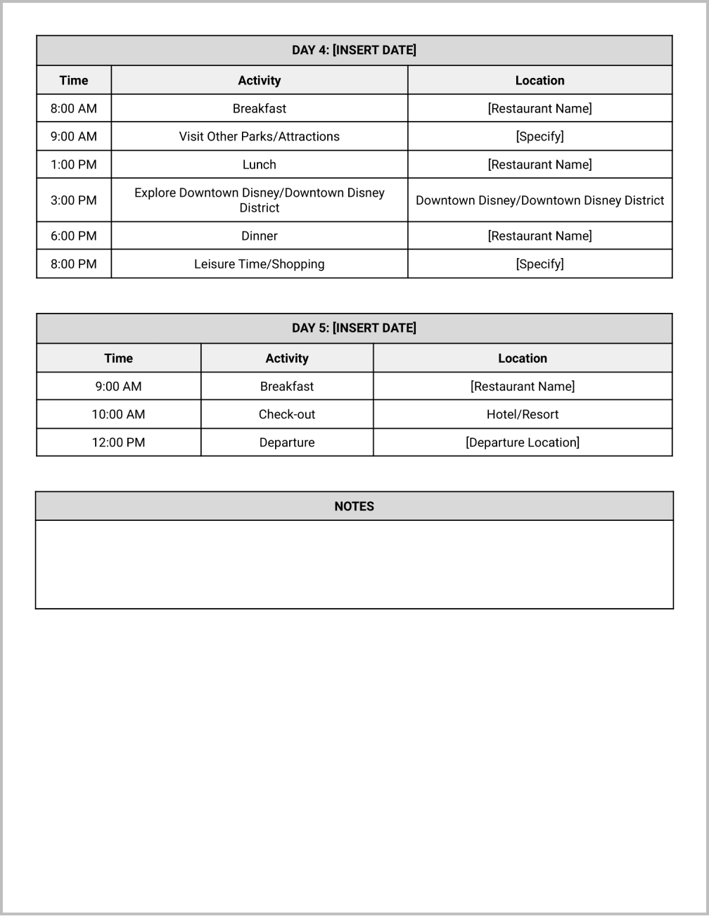 Disney Travel Itinerary Template