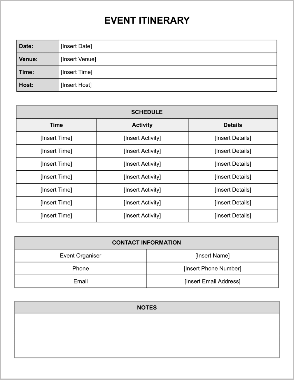 Event Itinerary Template