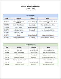 Family Reunion Itinerary Template