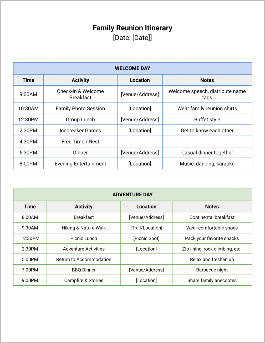 Family Reunion Itinerary Template