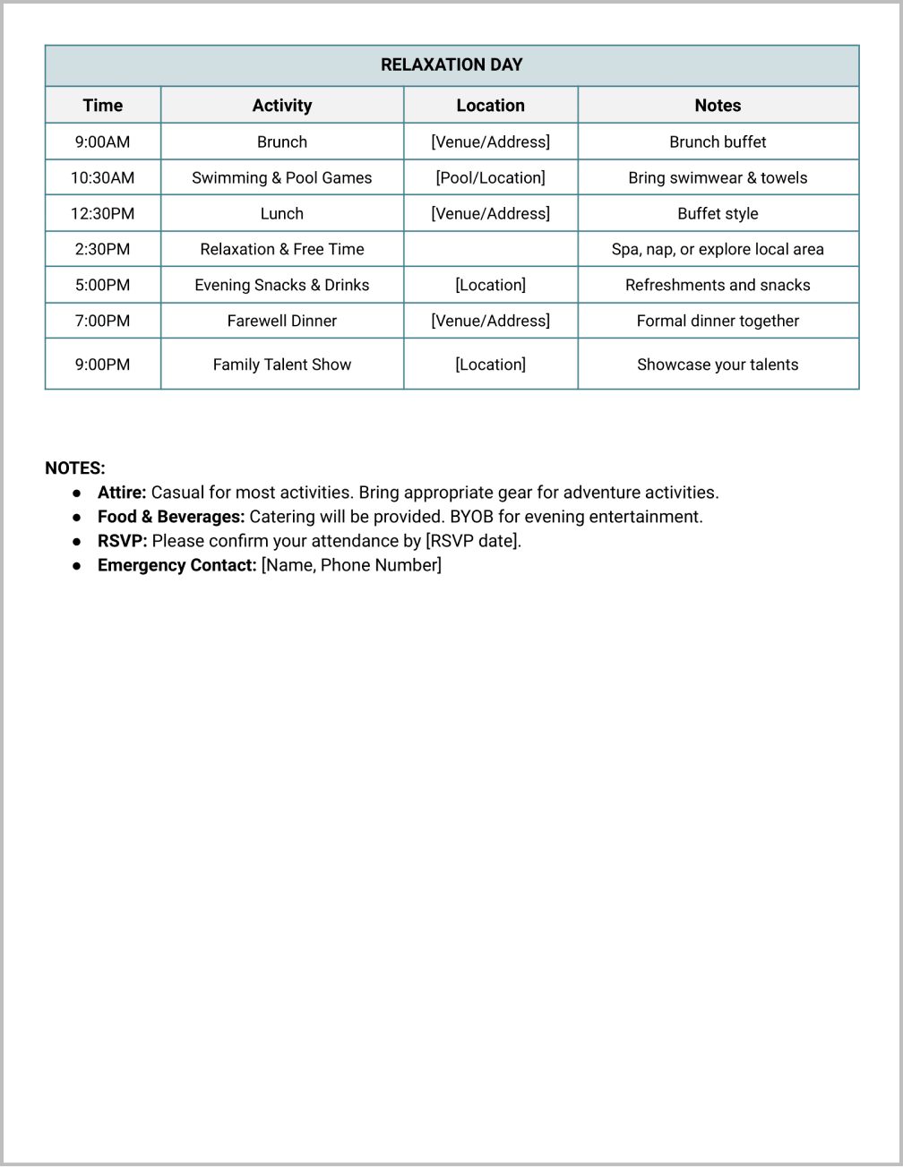 Family Reunion Itinerary Template