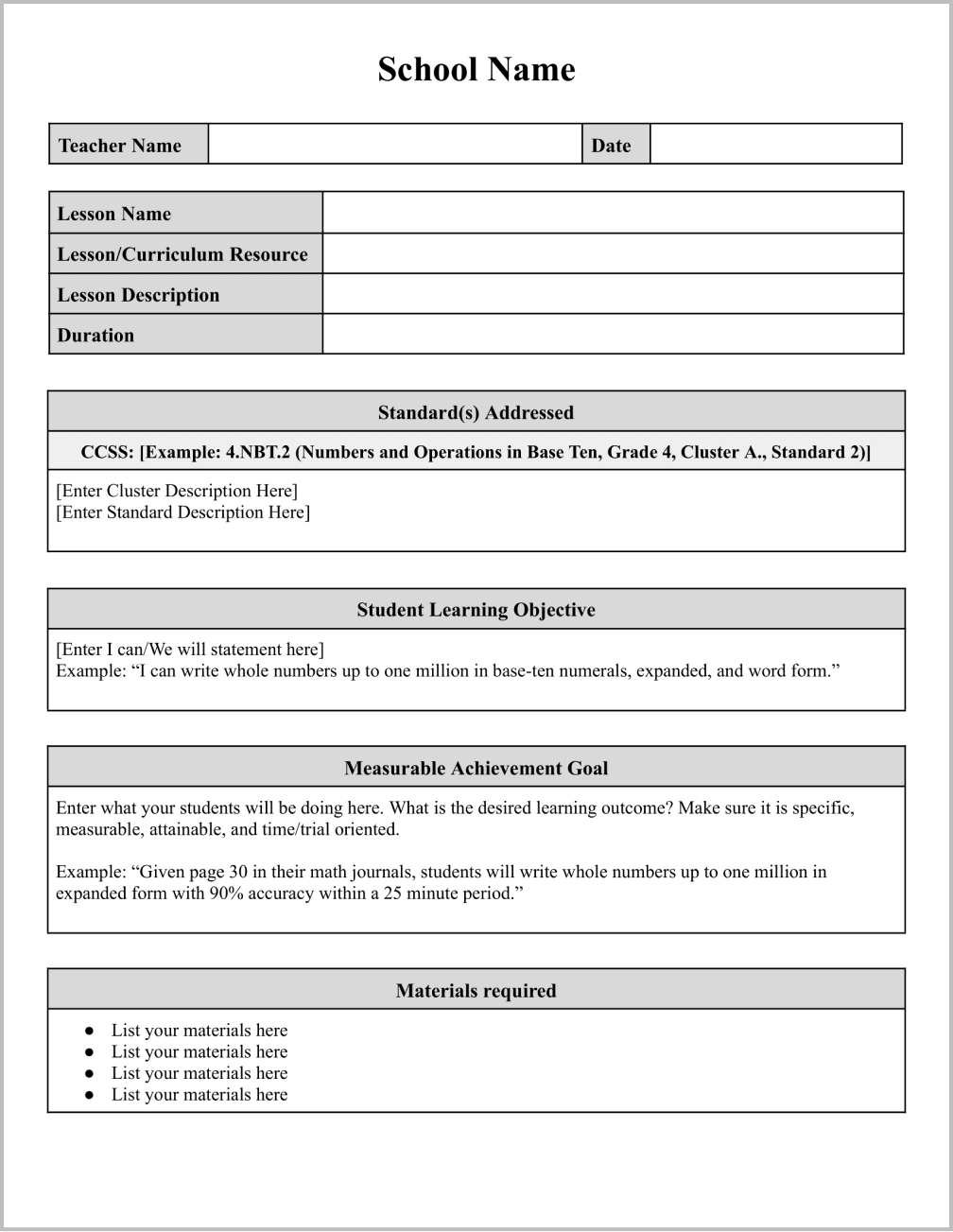 Free Formal Lesson Plan Template for Google Docs