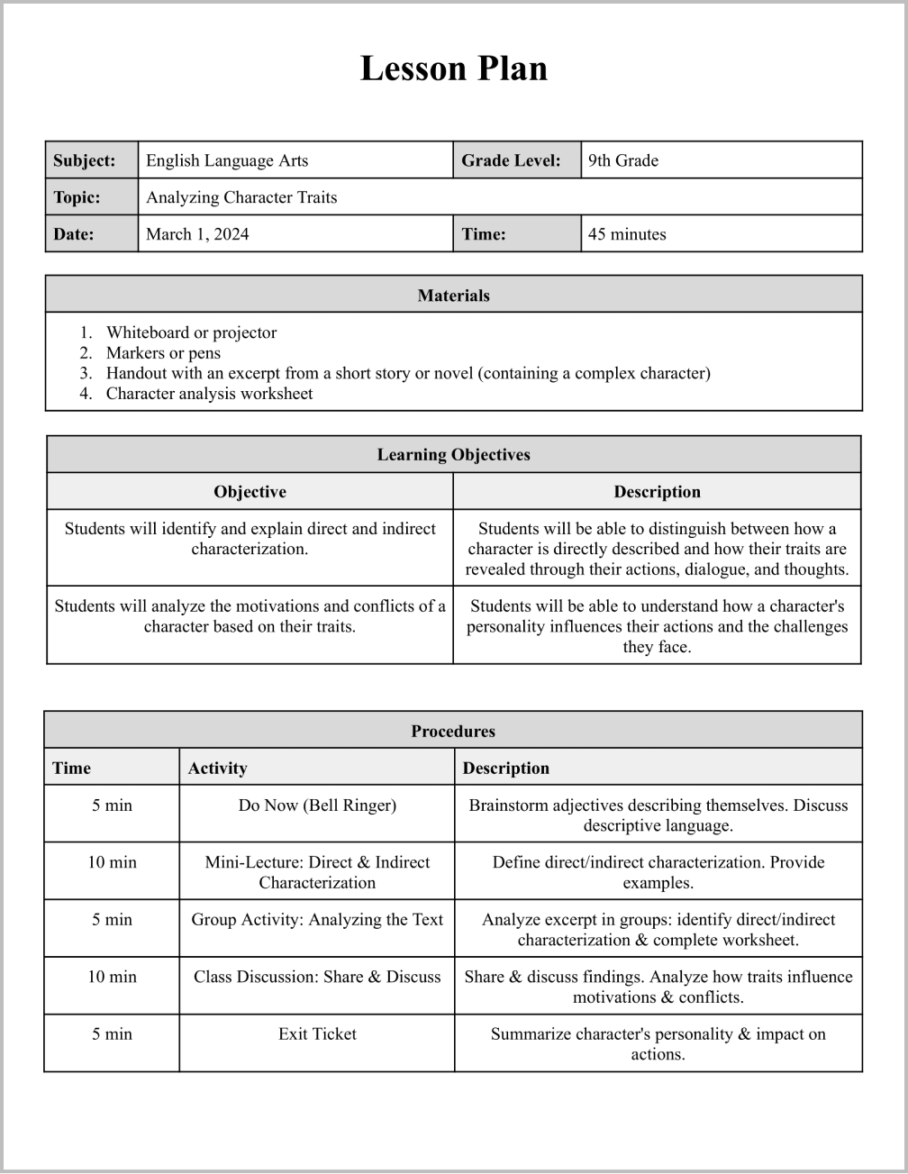 High School Lesson Plan Template