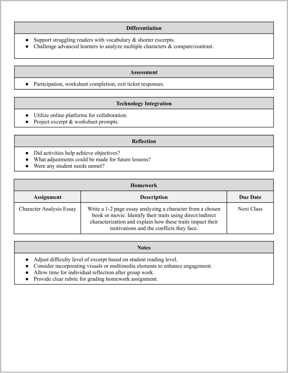 High School Lesson Plan Template