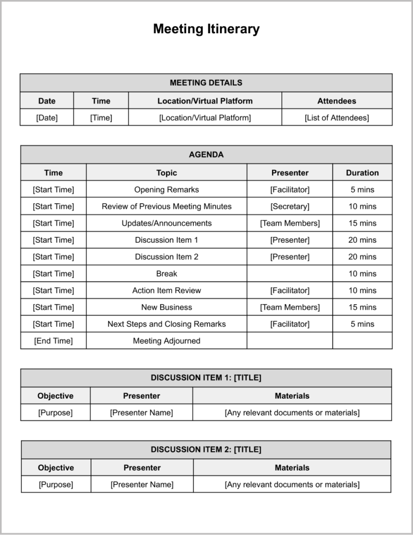 Free Meeting Itinerary Template for Google Docs