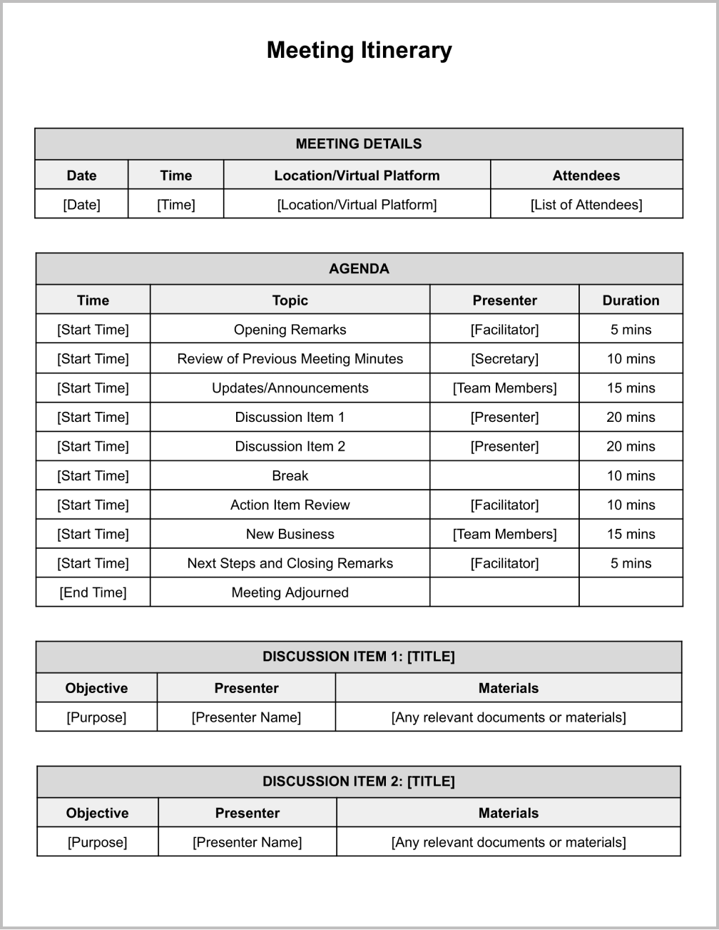 Meeting Itinerary Template