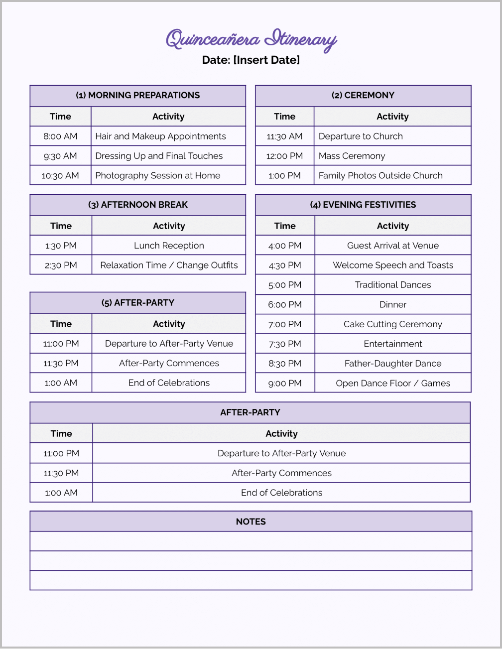 Quinceanera Itinerary Template