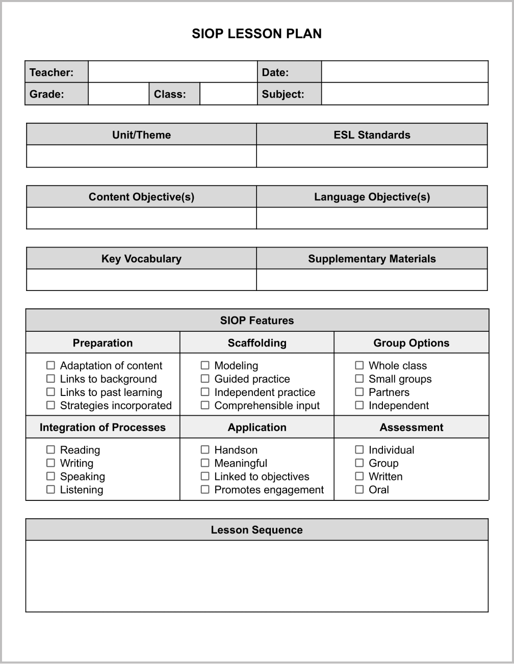 SIOP Lesson Plan Template