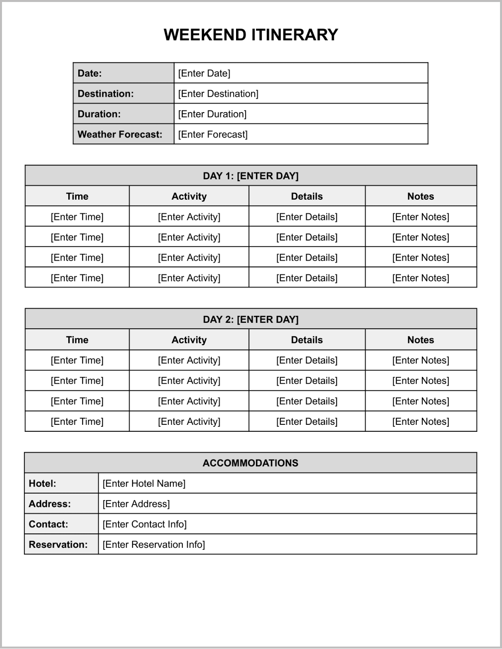 Weekend Itinerary Template