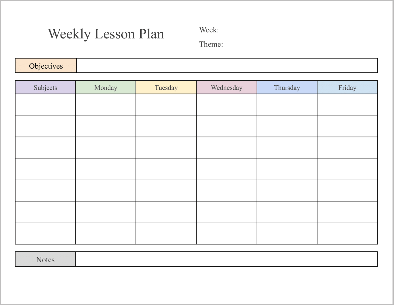 Weekly Lesson Plan Template Horizontal