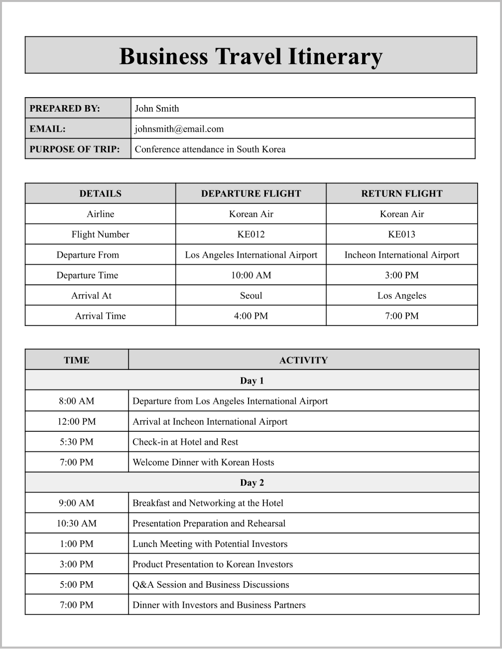 Work Trip Itinerary Template