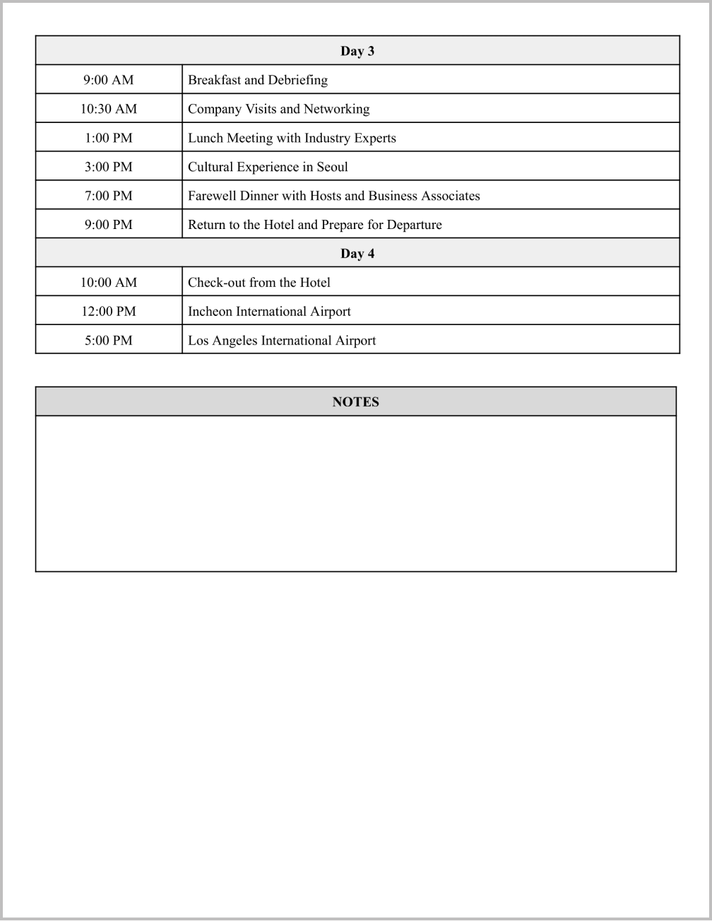 Work Trip Itinerary Template