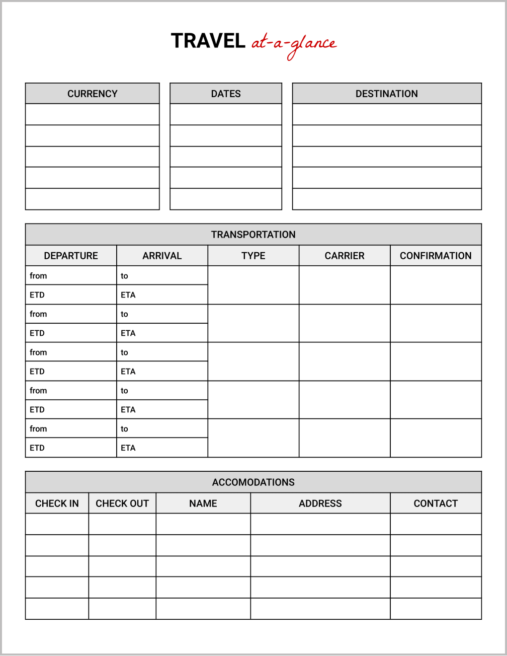 Travel at-a-Glance Template