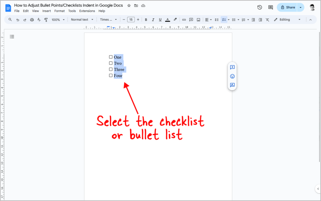 How to Adjust Bullet Points/Checklists Indent in Google Docs