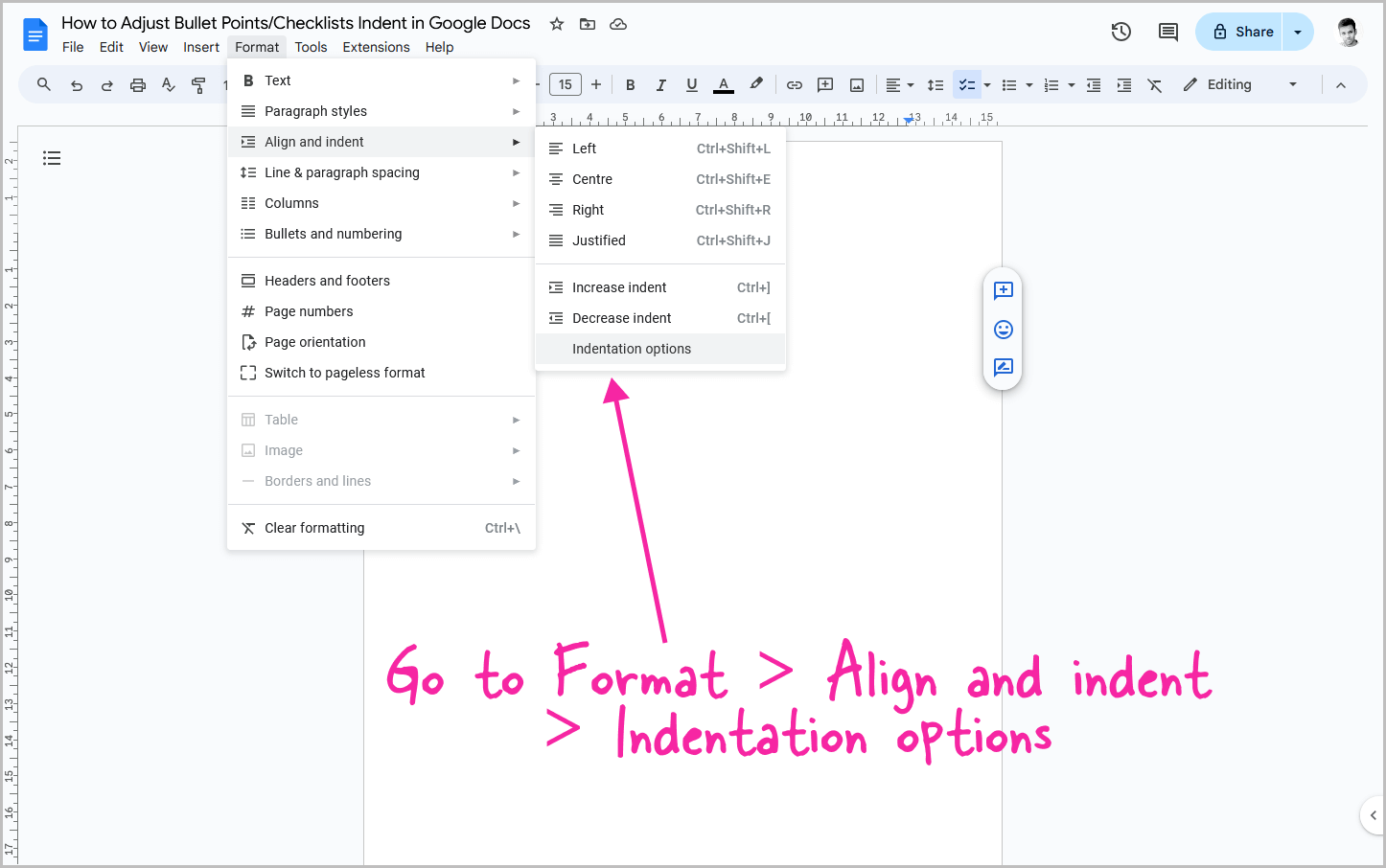 How to Adjust Bullet Points/Checklists Indent in Google Docs