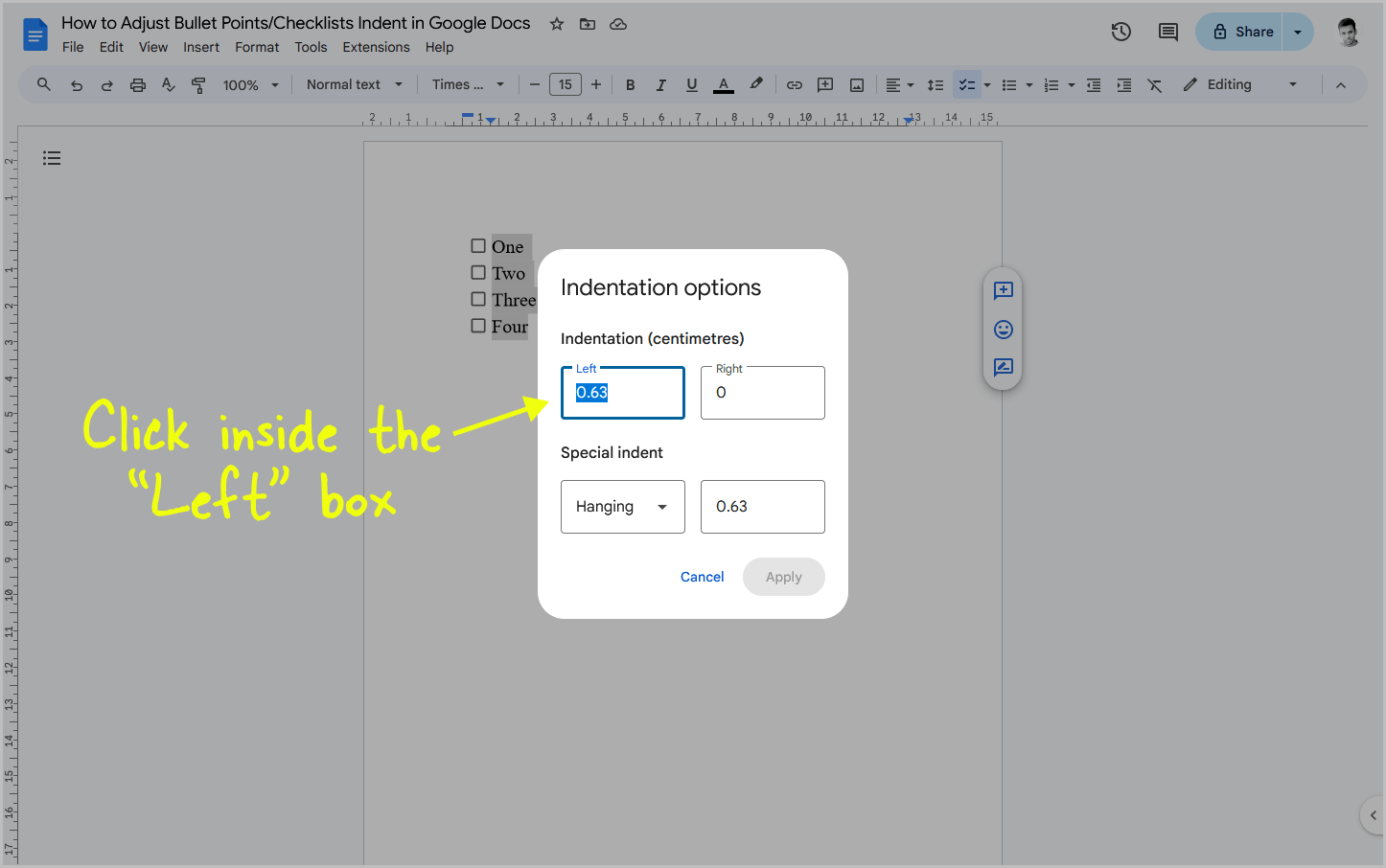 How to Adjust Bullet Points/Checklists Indent in Google Docs