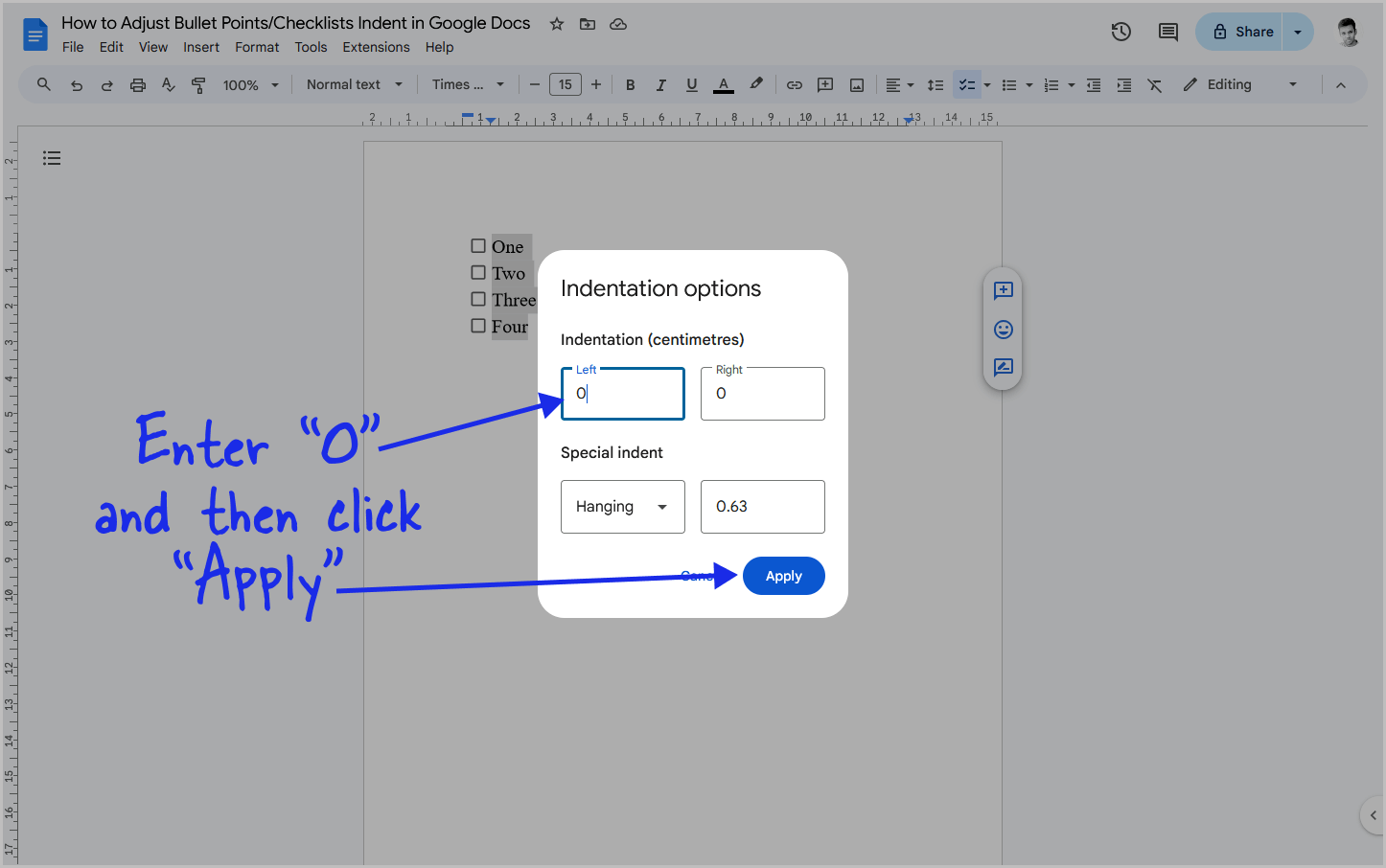 How to Adjust Bullet Points/Checklists Indent in Google Docs